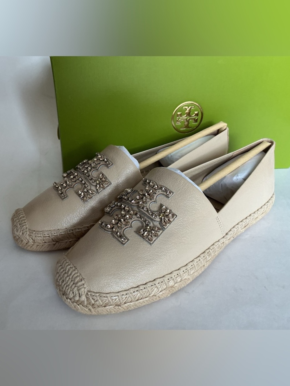 NIB Tory Burch Genuine Leather Embellished Espadrille Cream Dulce De Leche
